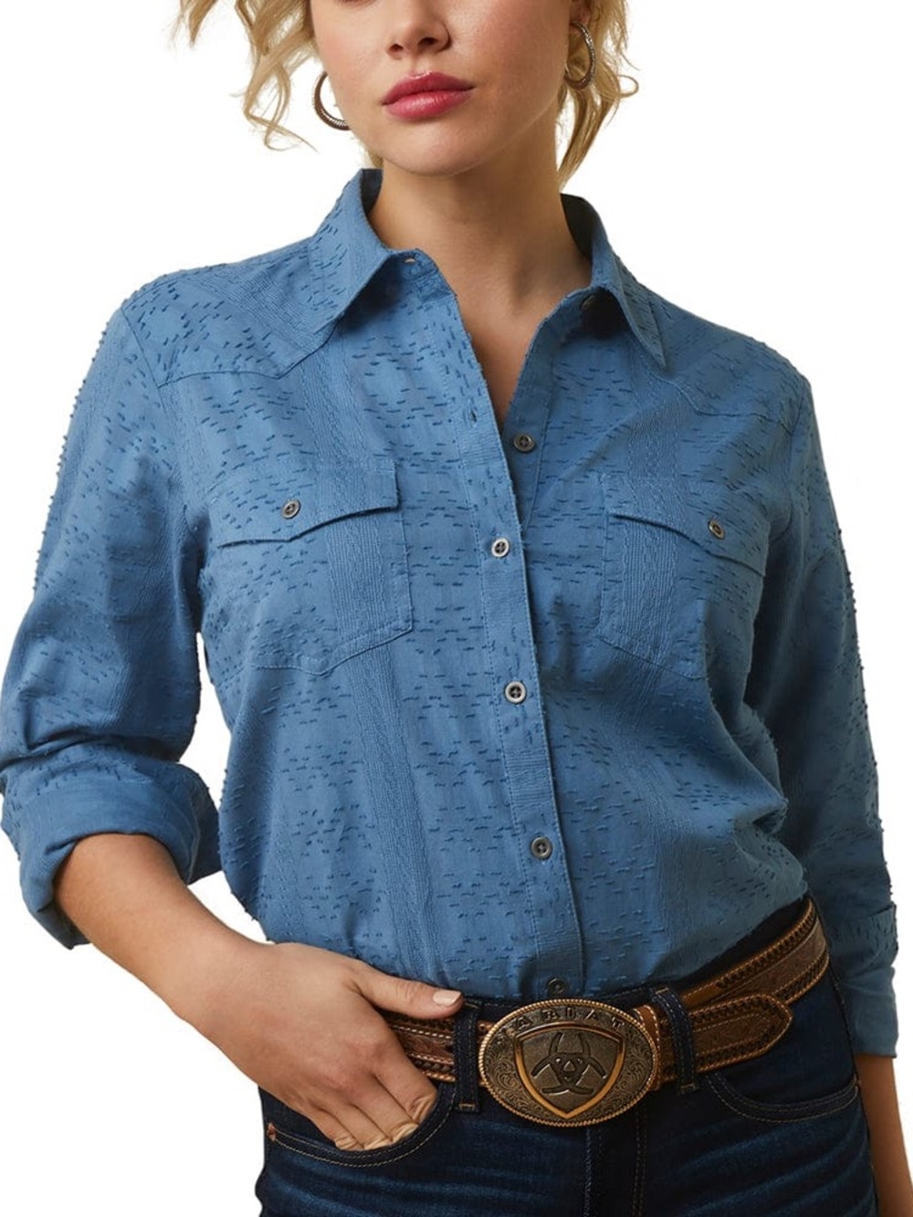 Ariat NWT Women's Sharing Copen Blue Long Sleeve Button Down Shirt 10043657 - Picture 4 of 8